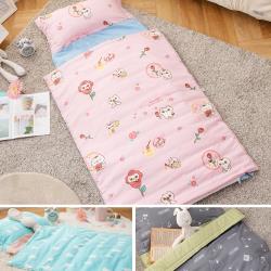 ◎正版授權超可愛卡通睡袋|◎擁抱健康寢具不含甲基醛，觸感柔軟輕盈易攜帶|◎幼兒園午睡必備三合一組，寶貝上幼稚園,露營,旅遊,外出,車用都方便材質:棉/有機棉規格:兒童種類:兒童睡袋/被枕組功能:可水洗