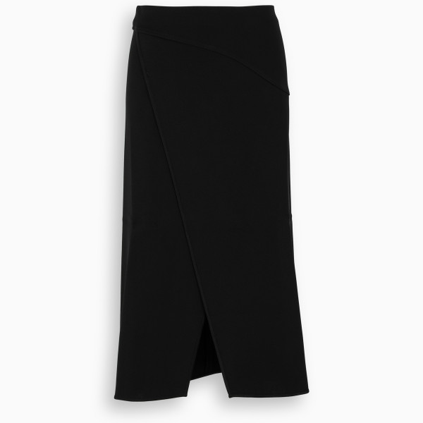 Wrap skirt by Givenchy in black viscos crêpe, featuring graphic inset at the waist, front split and 