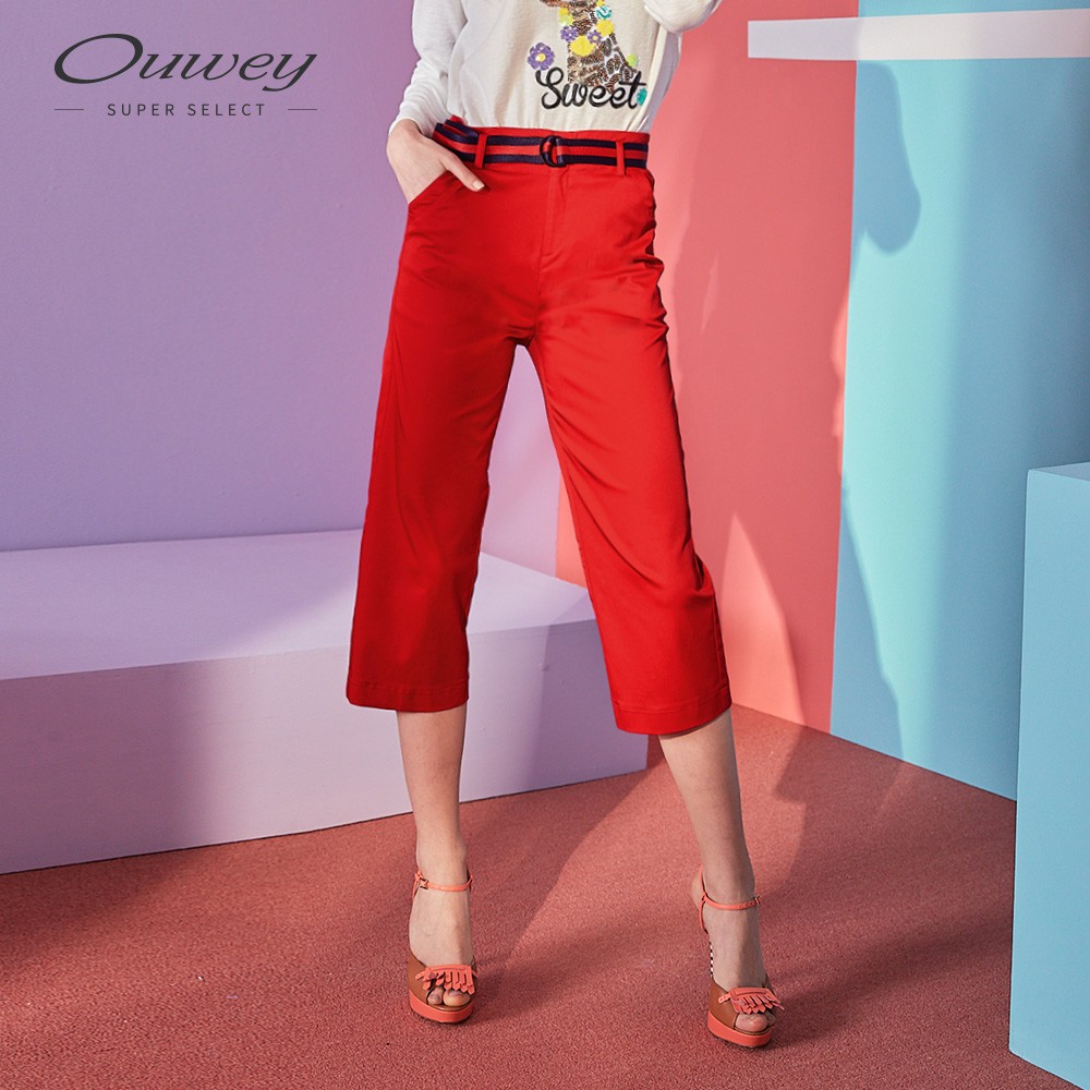 OUWEY歐薇 配色腰帶中腰寬管褲(紅)I11603