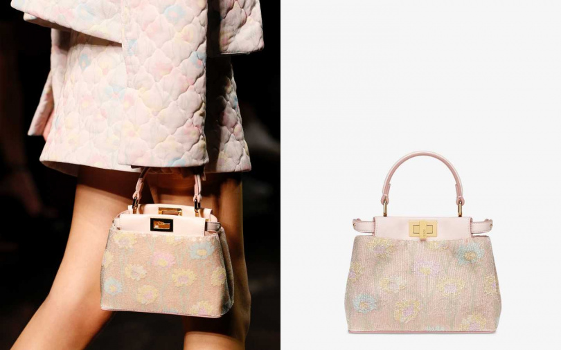 淡雅的幾乎看不清身上的印花，即便堆疊搭配也絲毫不花俏。FENDI PEEKABOO ICONIC XS 手袋／約207,400元（圖／品牌提供）