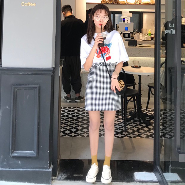 [優質現貨] 套裝 兩件套 T恤 圓領印花女上衣 短袖T恤 花苞高腰格子裙 休閒短裙 百搭A字裙 休閒顯瘦 女生衣著