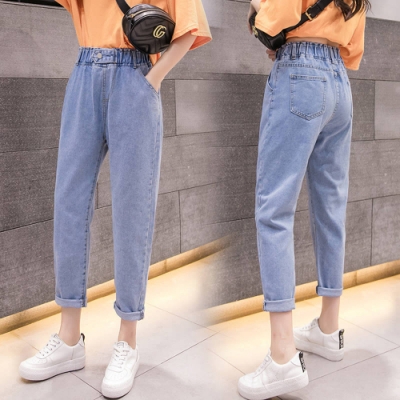 La Belleza鬆緊腰釦環側口袋復古刷色牛仔褲哈倫褲