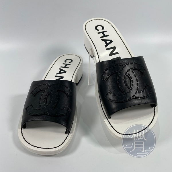 BRAND楓月 CHANEL 香奈兒 白底黑雙C LOGO拖鞋 #35.5 跟鞋 涼鞋 精品女鞋 百搭