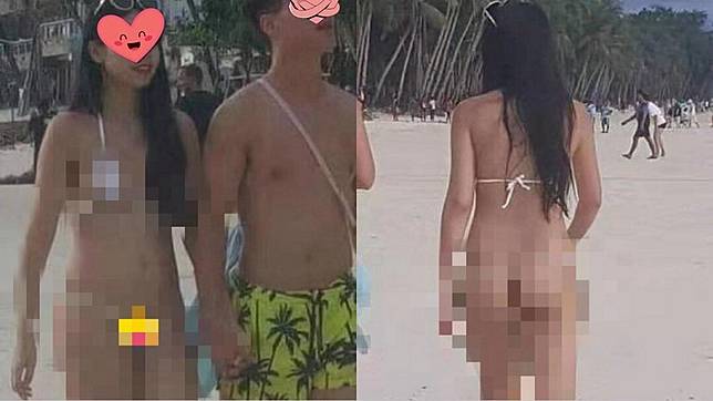 1名台灣女性因穿「一條線比基尼」走在菲律賓長灘島海灘，大膽穿著遭開罰。圖／翻攝自鄭丞傑臉書