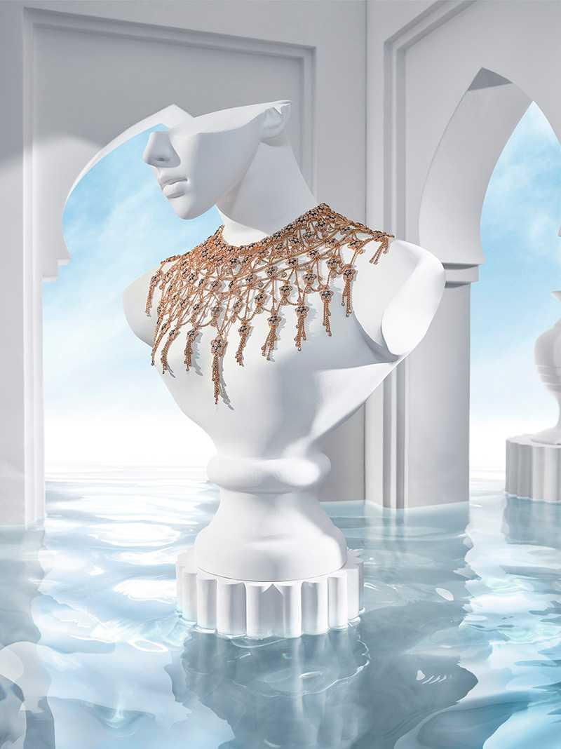 BVLGARI「JANNAH系列」頂級玫瑰金鑽石披巾頸鍊（圖╱BVLGARI提供）