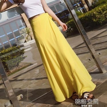 夏天純色百搭雪紡海邊度假沙灘裙一片式ins超火裙子半身裙長裙女