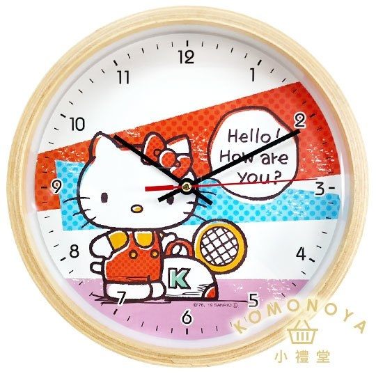 〔小禮堂〕Hello Kitty 木框圓形壁掛鐘《紅藍.網球》時鐘 5983164-75576