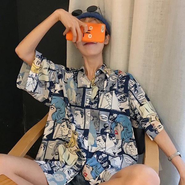 新館開業85折 2019夏裝新款港風上衣女漫畫日系彩繪polo衫寬松復古印花短袖襯衣