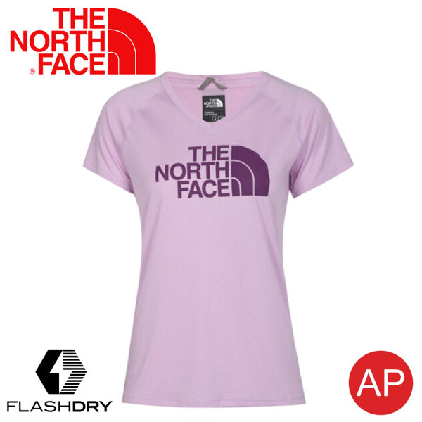 【The North Face 女 LOGO 快乾V領短袖T恤《蘭花紫》】3V7H/FlashDry/排汗快乾/運動衣/休閒