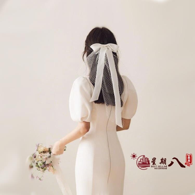 頭紗 森系超仙絲帶蝴蝶結新娘頭紗結婚寫真攝影硬紗領證小頭紗 VK727