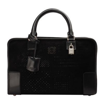 LOEWE 經典AMAZONA系列小牛皮飾邊麂皮洞洞手提包(大-黑)