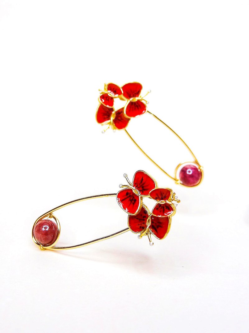 手工飾品珊瑚夕陽紅群聚蝴蝶與多色紅碧璽別針式耳環 接單製作