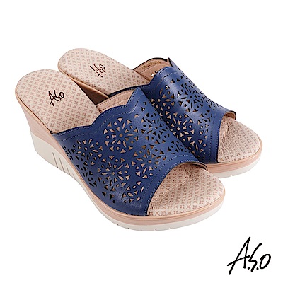A.S.O 機能休閒 厚底美學沖孔設計楔型涼拖鞋-深藍