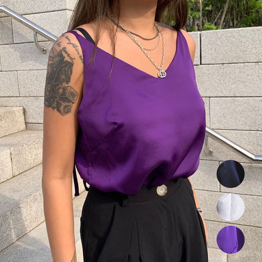 緞面細肩帶背心 小可愛 涼感上衣 側開岔上衣 [goony]