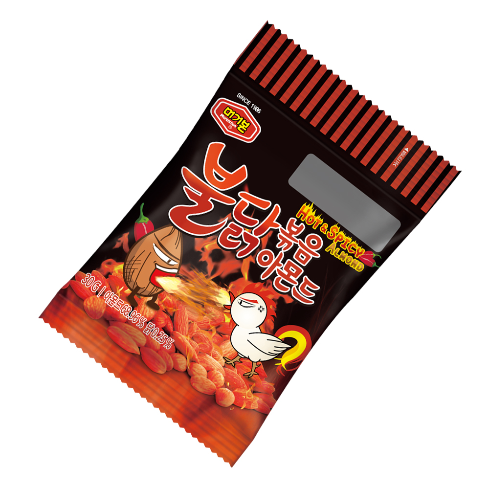 「維生素B2營養素」精神好變漂亮★「有效調節免疫力」加速自癒能力內容物/規格:30g/6pcs保存期限:18個月成分:杏仁,玉米糖漿,糖,辣雞調味料 (辣味)(水,玉米糖漿,黑糖,辣椒粉,糖,複合調味