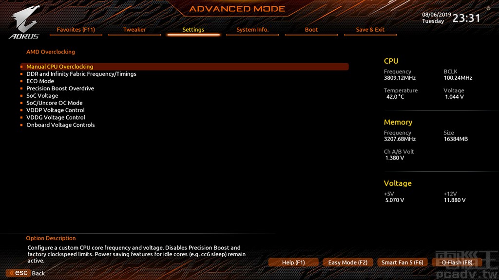 ▲ Settings＞AMD Overclocking 需安裝第三代 Ryzen 桌上處理器才會現身，內含 Infinity Fabric 手動控制（可與記憶體頻率非同步操作，但仍建議 1：1 除頻比例擁有較低的記憶體存取延遲），以及 Precision Boost Overdriver 細部選項。