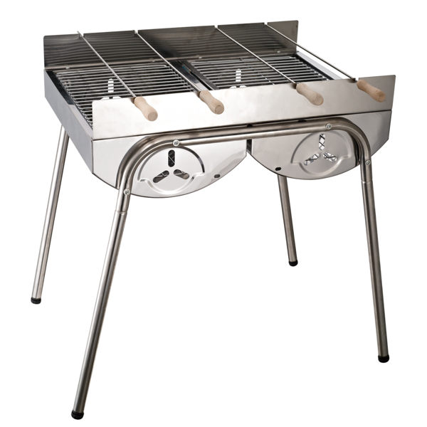 ◆雙層燒烤架，串煎燒烤隨心所欲 ◆不銹鋼烤網，堅實耐用，好清洗 ◆設計四處通風口，炭火更能快速點燃