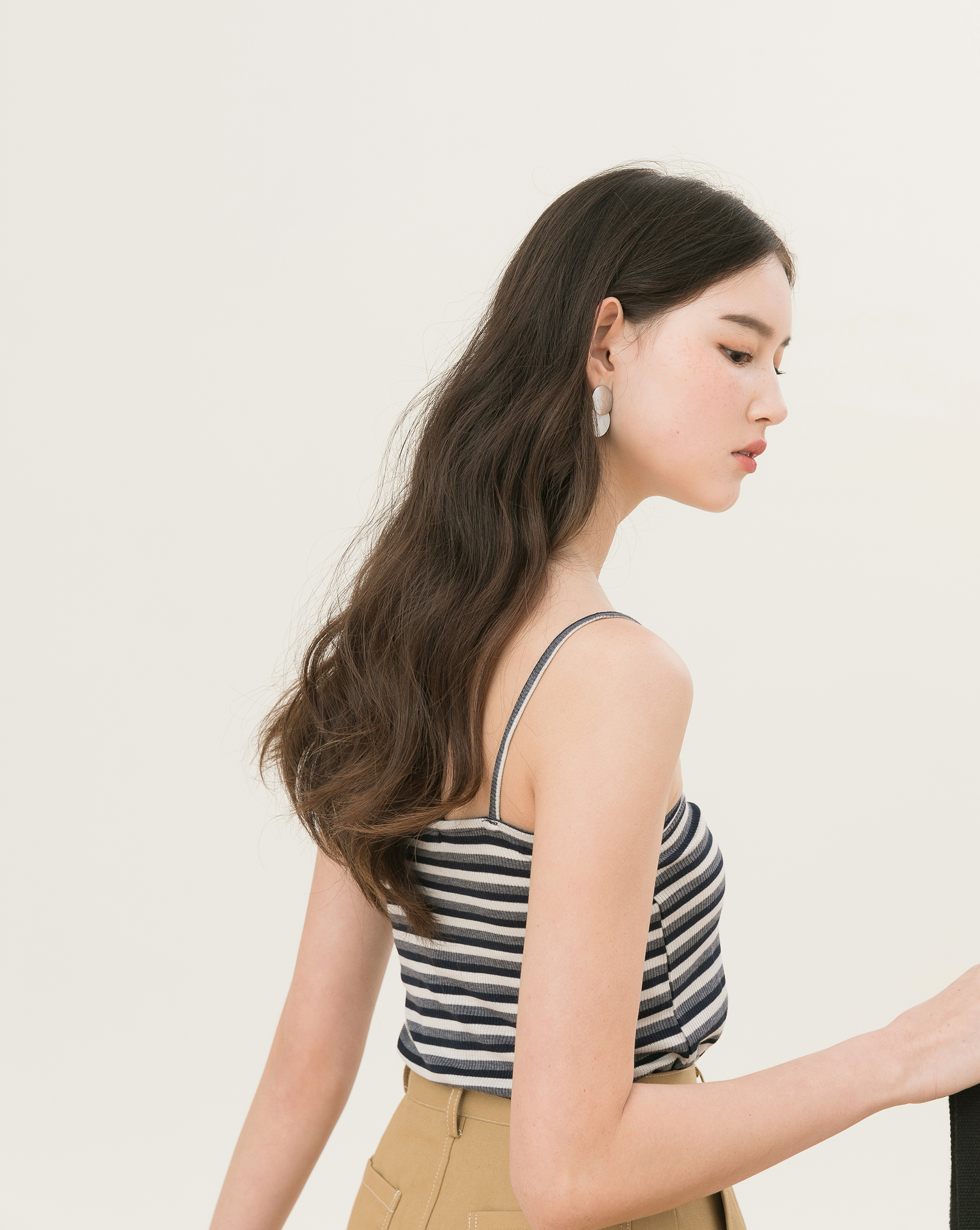 復古配色條紋細肩帶平口背心-Meierq