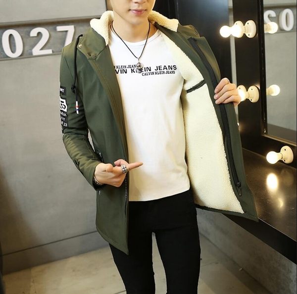 加絨加厚長款連帽外套 男連帽拉鏈外套 潮流男裝外套 男生外套 拉鏈長款男士外套 男生長款外套