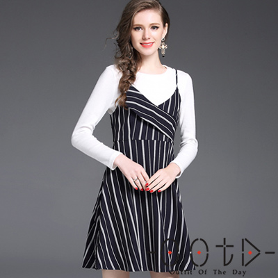 圓領長袖毛衣+拼接條紋吊帶裙兩件套 (白色+條紋)-OOTD