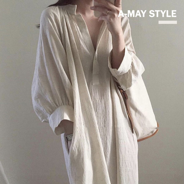洋裝-無印色系棉麻襯衫連身裙【XTT0744】 無印簡約風 韓版設計款