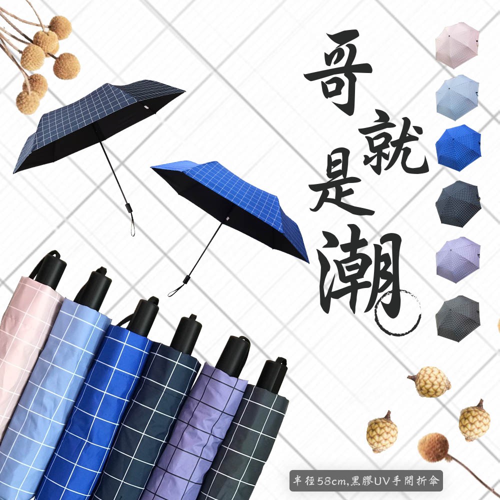 商品特色手開式三折大傘面UV黑膠折傘加大不夾手開關商品規格遮蔽半徑58cm傘骨材質鐵鋁、玻纖傘骨傘布材質PG黑膠亞光布中棒長度69cm雨傘長度28cm雨傘克重270±20g主要功能雨用、抗UV、遮陽
