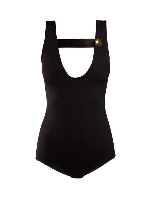 Prada - The scooped neck of this black Prada bodysuit is cinched by a gold-tone metal buttoned strap