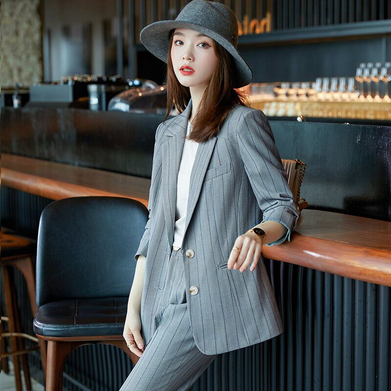 藍色條紋西裝外套女秋冬韓版時尚顯瘦氣質通勤職業套裝