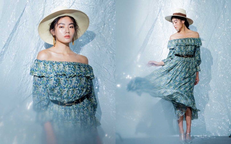 CELINE 印花金銀絲露肩連身裙／120,000元、巴拿馬草繩帽／23,000元、MAILLON TRIOMPHE POMPONS耳環／28,000元、小牛皮CRÉCY皮帶／29,500元（圖／莊立人攝）