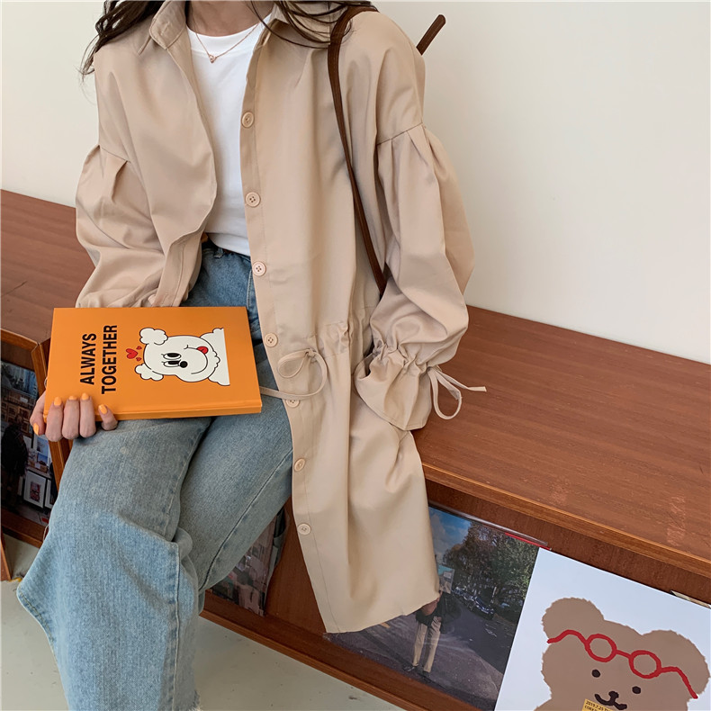 春秋韓版2020新款寬鬆中長款設計感抽繩氣質長袖風衣外套女裝ins