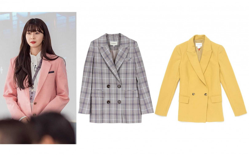 La Feta灰紫格紋排扣量感西裝／12,800元、Club Monaco DOUBLE BREASTED BLAZER YELLOW／13,900元(圖／品牌提供、翻攝網路)