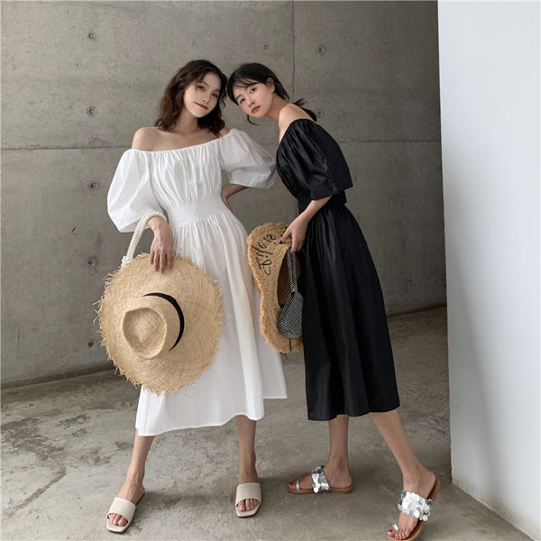 VK精品服飾 韓國風一字領時尚簡約短袖洋裝