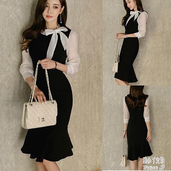 夜店洋裝韓版氣質名媛洋裝配色綁蝴蝶結領七分袖修身包臀荷葉擺連身裙禮服