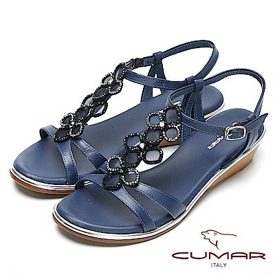 ★2018春夏新品★【CUMAR】閃亮水鑽-寶石花朵造型真皮坡跟涼鞋(藍)