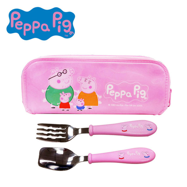 【正版授權】佩佩豬 不鏽鋼 餐具組 附收納袋 環保餐具 兒童餐具 Peppa Pig 粉紅豬小妹 - 004599