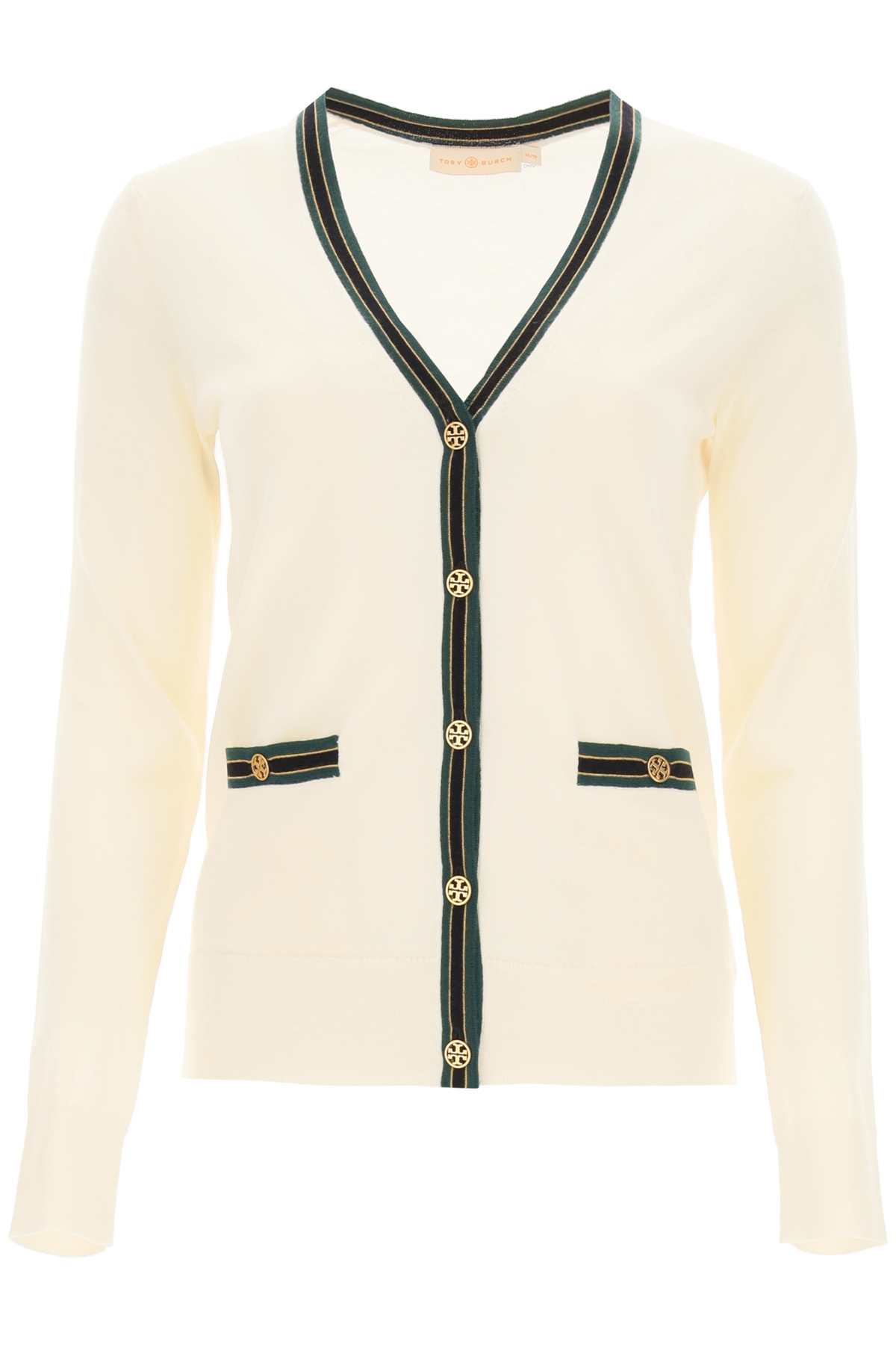 Tory Burch Madeline cardigan in combed merino wool with contrasting trims and gold-tone metal logo b