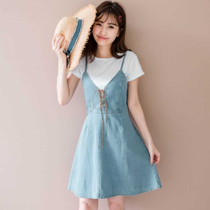 ★現折100★原價520現折100-$420★miustar 兩件式！白上衣+麂皮穿繩細肩牛仔洋裝(共1色)0414 預購【nh0982】