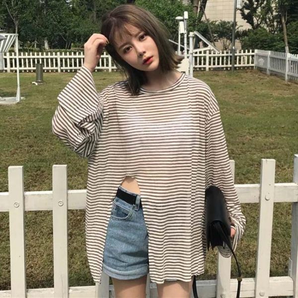 韓版學院風百搭時尚氣質寬鬆流行潮chic港味風不規則條紋防曬罩衫