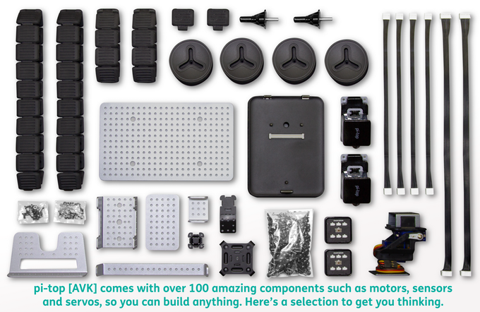 包含攝影機、馬達、輪子的pi-top [AVK]套件可用來製作自走車。