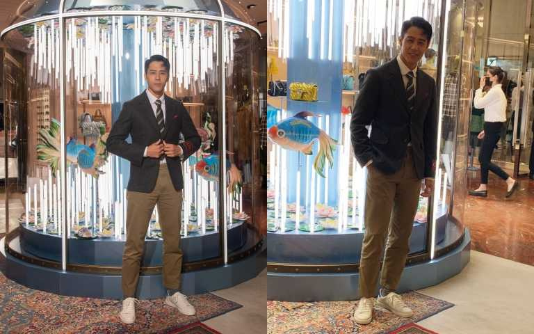 GUCCI 標籤法蘭絨夾克／81,000元、白色圓領襯衫／16,000元、Interlocking G棉質長褲／31,000元、唐老鴨的姪子運動鞋／28,300元、條紋領帶／8,200元（圖／品牌提供）