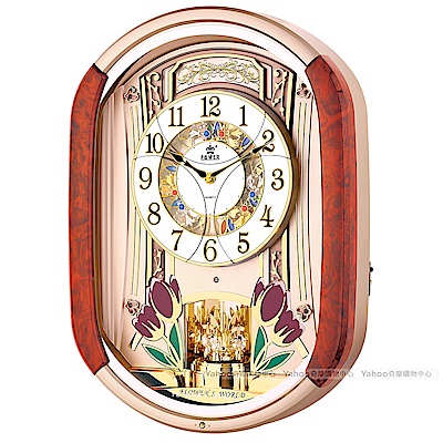 機芯：高品質石英靜音機芯 材質：無毒高品質塑鋼 特色：華麗歐風、曲面玻璃、實木精緻造型、旋轉水晶擺錘功能：光感應報時裝置 、整點音樂報時(18首)、音量調節、整點旋轉面板
