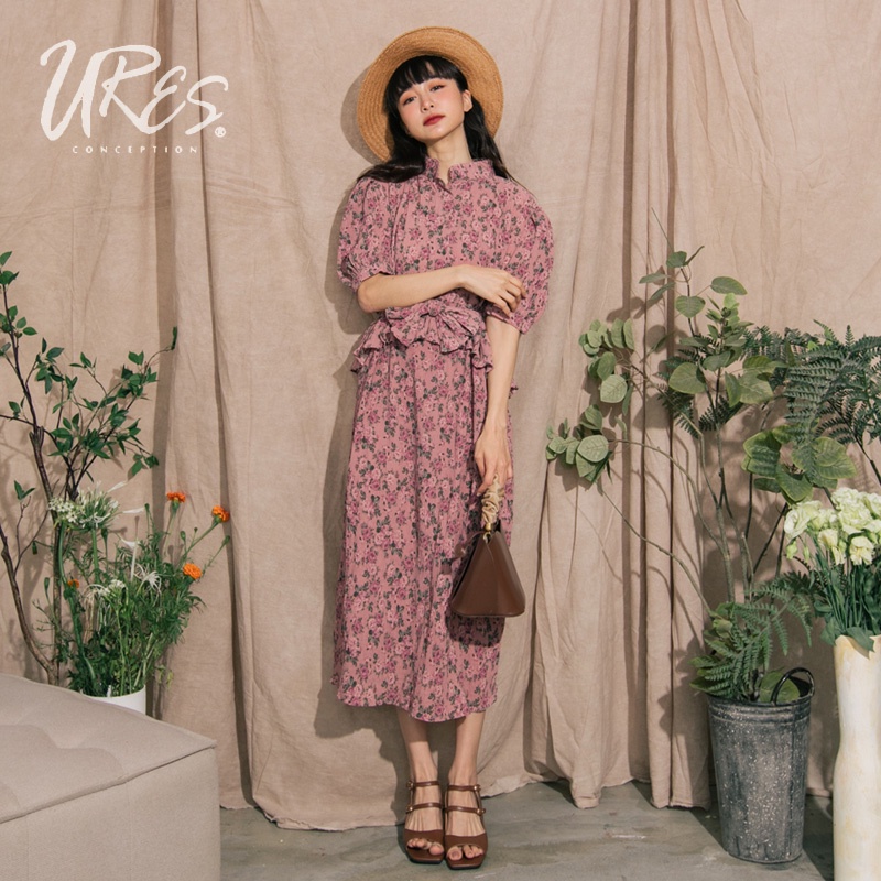 URES 復古小碎花泡泡袖小百褶荷葉滾邊綁帶連身洋裝【881133881】(限時799)
