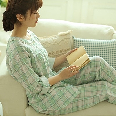 長袖睡衣 休閒服-可愛圓領清新格紋棉質女居家服套裝2色73ol9[時尚巴黎]