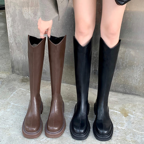 膝下靴．顯瘦皮革素面V口後拉鍊厚底長靴．白鳥麗子