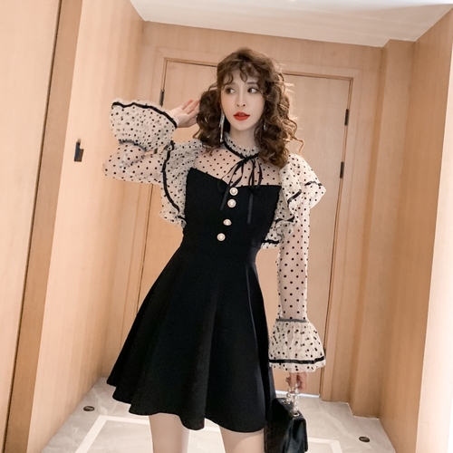 SaSa 韓系蝴蝶結荷葉邊波點網紗修身大擺長袖洋裝