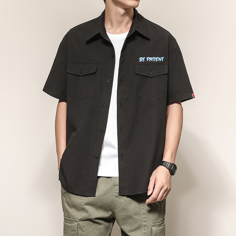 夏季日系小清新印花翻領雙口袋短袖襯衫 韓版帥氣工裝大尺碼襯衫 學院風休閒百搭素色襯衣 外套 短袖上衣 正韓上衣 男生衣著