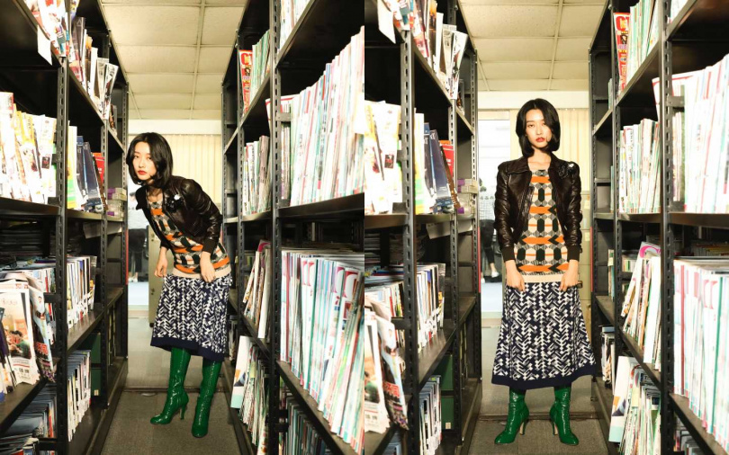 PRADA Lambswool tank top with Arrow motif 背心／約810元、Lambswool skirt 長裙／約1120元；LOUIS VUITTON 飛行員外套／150,000元；MIU MIU 長靴／價格未定（圖／戴世平攝）