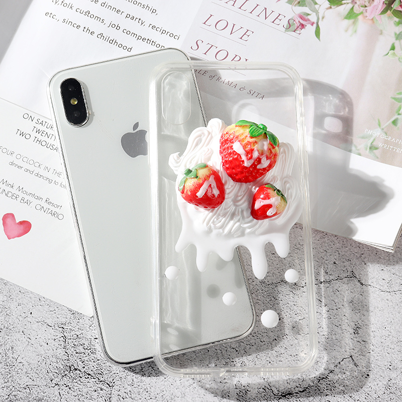【大美妞飾品定製款】iPhoneX甜心立體草莓奶油手機殻8plus訂製V30/榮耀20小草莓定製