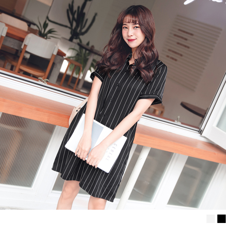 知性直條紋襯衫領排釦洋裝/長上衣