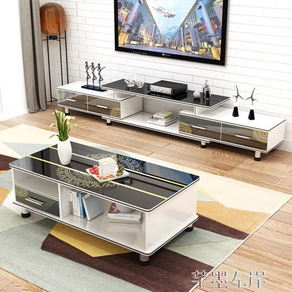 電視櫃 電視櫃茶幾組合小戶型簡約現代客廳鋼化玻璃電視機櫃套裝伸縮地櫃 芊墨LX